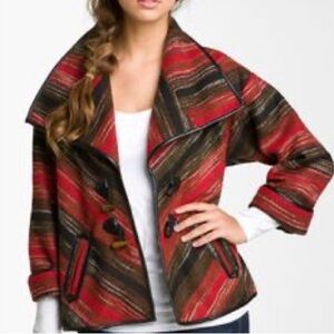 Jolt Women Red Black Tribal Print Wool Blend Jacket Sz M Toggle Buttons Pockets